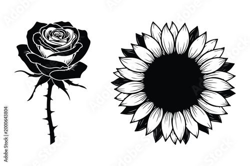 Detailed black and white illustration of a rose with thorns and a sunflower