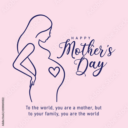 Happy mother day square social media template with pregnant woman line art illustration for motherhood awareness campaign maternity clinic advertisement and digital greeting on pink background color.