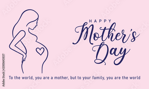 Happy mother day banner design featuring line art illustration of pregnant woman profile with heart symbol for holiday greeting card motherhood celebration and gift shop promotion on pink backdrop.