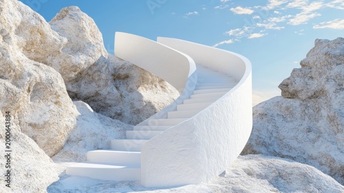 Abstract white spiral staircase in rocky mountain terrain surrounded by mist and vertical cliffs