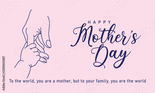 Happy mother day banner with line art of baby holding mother finger illustration for holiday celebration greeting card floral pink background theme and parenting advice blog header website design.