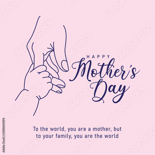 Happy mothers day vector greeting card featuring hand drawn outline illustration of baby holding mothers finger on soft pink background for holiday celebration and family love appreciation concept.
