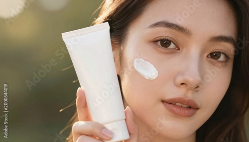 Model Applying Skincare Cream Outdoors with Mockup Tube