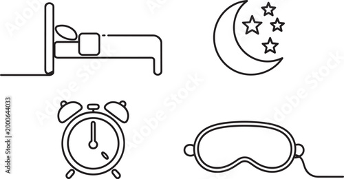 Sleep time icons set featuring bed moon stars alarm clock and eye mask in a simple linear vector style