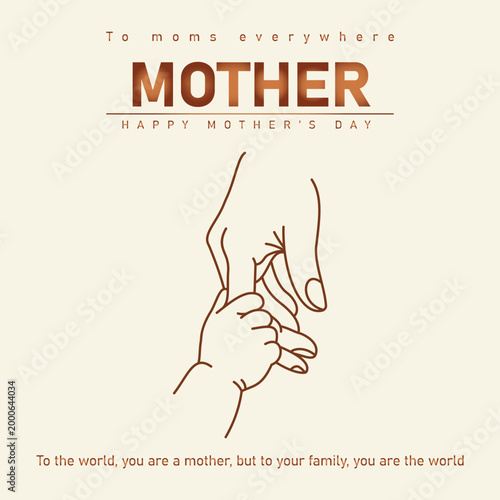 Mother day vector illustration with hand drawn line art of infant holding mothers hand and bold gold typography for professional holiday banner and greeting card design on cream vintage background.