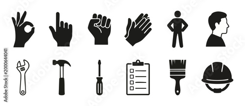Construction and Human Gesture Icon Set, Simple Flat Vector Symbols for Building Industry, Professional Tools and Body Language Illustrations for Business UI, Web Design Elements, Isolated Black Icons