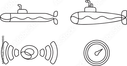 Submarine underwater vehicle icons set with sonar and speed gauge in minimalist line art vector style