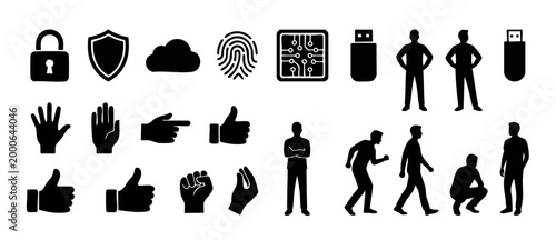 Cybersecurity Icons and Human Silhouettes Set for Business Technology and Digital Identity Concepts. Black Flat Vector Illustration Pack Featuring Network Security, Hardware Components and Person Gest