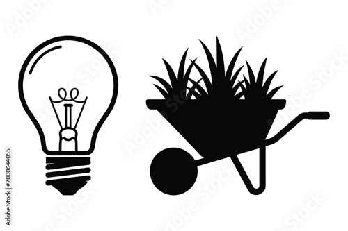 Icon of a light bulb and a wheelbarrow full of grass with wheelbarrow, gardening