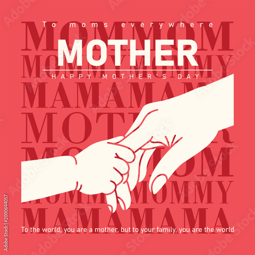 Mothers day graphic design on vibrant coral background featuring silhouette illustration of baby holding mothers finger with repeat text background and bold white title for holiday marketing media.