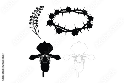 Collection of religious symbols: crown of thorns iris flower branch