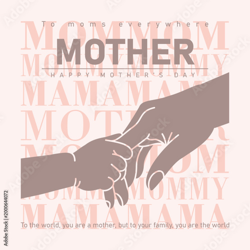 Minimalist mothers day vector poster with brown silhouette of child holding mothers hand on pink background with subtle repeat word pattern for contemporary holiday celebration and branding design.