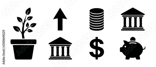 Finance icons set with investment growth, piggy bank, and banking symbols. Business profit icons for economic reports, accounting, and financial planning, simple black vector silhouette illustrations.