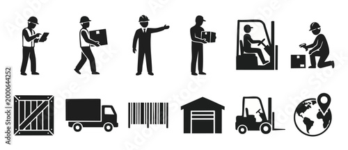 Logistics and Warehouse Icon Set, Delivery Workers and Shipping Symbols, Industrial Supply Chain Graphics for Business Operations and Transportation Management, Vector Illustration Style Collection.