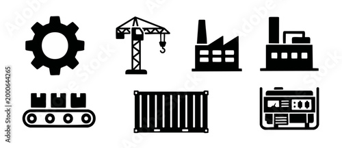 Industrial Icons Set Factory Construction Engineering Gear Logistic Shipping Container Conveyor Belt Electricity Generator Black Silhouette Vector Symbols Collection for Infrastructure and Manufacturi