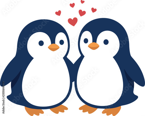 Cute cartoon penguins couple with red hearts vector art