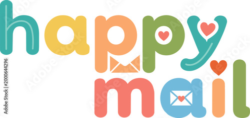 Colorful happy mail lettering with hearts and envelope icons vector art