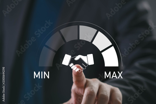 Canvastavla Business partnership and trust concept with handshake icon on satisfaction scale from minimum to maximum, representing customer satisfaction, service quality, relationship management and success
