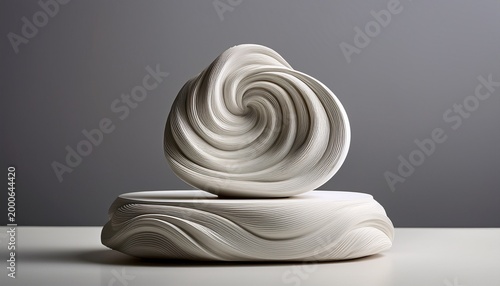 A Swirling Clay Sculpture Sits On A White Platform Against A Neutral Gray Background Featuring Layered Wavelike Formations