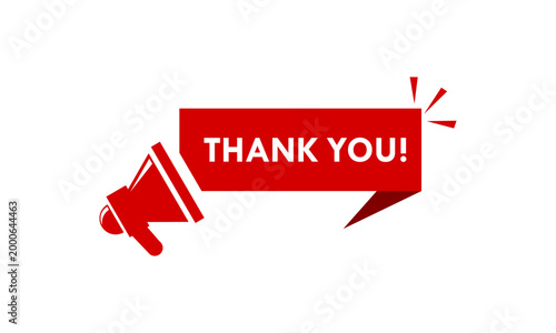 Modern red megaphone logo with Thank You text on a professional ribbon banner. High-quality vector design for promotional sales, alerts, and customer gratitude messages.