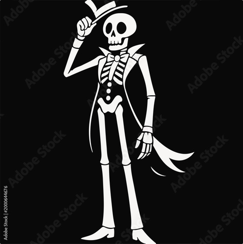 Elegant skeleton gentleman dressed in a formal tuxedo and top hat tipping his headwear in a polite and friendly gesture