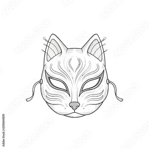 Traditional Japanese Kitsune Fox Mask Line Art Illustration, Minimalist Black and White Vector Sketch for Tattoo, Logo, or Coloring Book Page