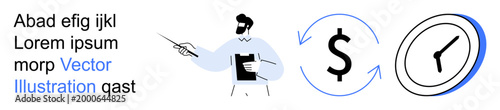 Financial planning, time management, business analysis, corporate training, economic strategy, productivity. Man presenting with clipboard, dollar sign and clock symbols. Financial planning and time