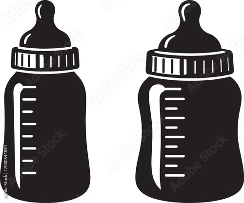 Baby feeding bottle icon set, milk bottle with measurement scale, minimal black vector design