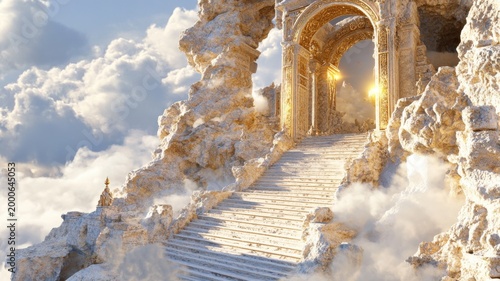 Ancient stone temple nestled high in misty mountains with weathered patterns and golden light