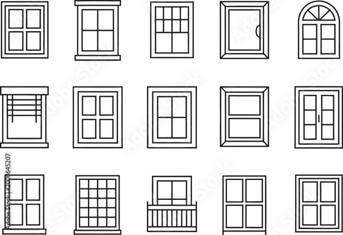 Window line icons featuring interface, browser, application layout, frame elements in clean editable outline vector style