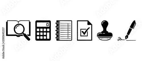 Business Office Icons Set: Research, Calculation, Documentation, Compliance, and Signing. Professional administration and accounting symbol collection isolated on a white background for corporate mana