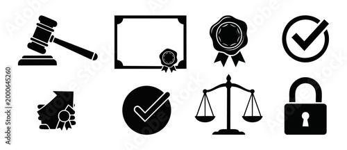 Legal Law Icons Set, Justice Hammer Gavel and Scales of Justice Symbol Collection for Professional Attorneys and Courtroom Compliance Graphics in Simple Black and White Minimalist Design Style Vector