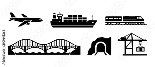Transportation Logistics Icons Set, Cargo Ship Plane Train Bridge Tunnel Crane Symbols, Global Shipping and Infrastructure Vector Graphics for Supply Chain Management, Industrial Transportation Design