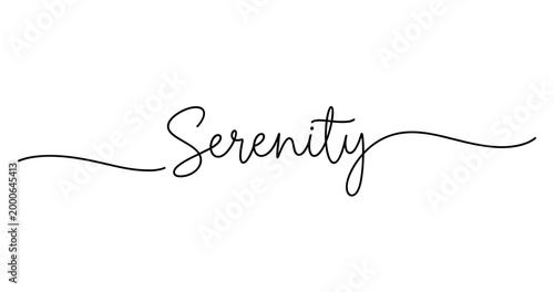 Elegant serenity lettering in flowing black script on white background. No editable strokes