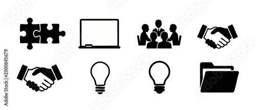 Business Icon Set Collection, Professional Flat Black Symbols for Corporate Communication, Strategy, Teamwork, Meeting, Idea and Management Vector Graphics isolated on white background for web and mob