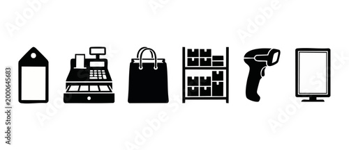 Retail Shopping Icons Set: Cash Register, Price Tag, Shopping Bag, Warehouse Shelves, Barcode Scanner and Digital Display for E-commerce, Inventory Management and Point of Sale Business Solutions Desi