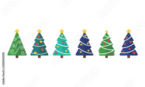 Christmas tree icon set with star topper on white background