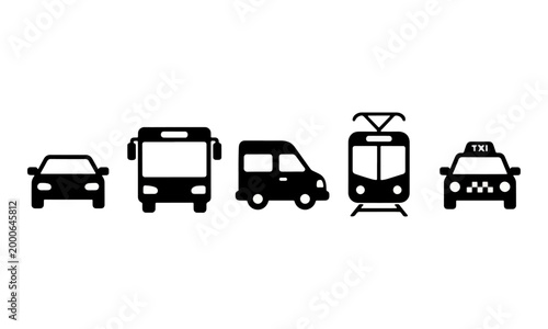 Public transportation icon set for urban travel on white background