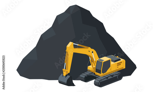Yellow Excavator and Coal Pile Mining Isometric Illustration