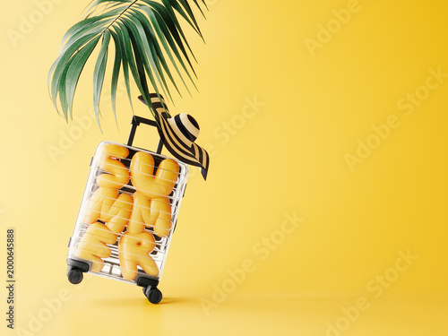 Summer travel. Luggage with yellow summer text and palm leaf on yellow background with copy space. 3D Rendering, 3D Illustration