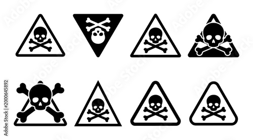 Tableau sur toile Skull and crossbones warning icons, toxic hazard sign collection, 8 black poison