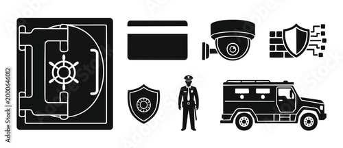 Security and Protection Icons Set - Bank Vault, Guard, Armored Truck and Surveillance Camera - Financial Safety, Cybersecurity and Asset Cash Management Symbols for Infographics and UI Design Template