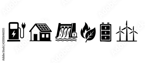 Renewable Energy Icons Set - Sustainable Power Solutions for Electricity Generation, Including Solar, Wind, Hydroelectric, Battery Storage, and Electric Vehicle Charging Stations for Eco-Friendly Infr