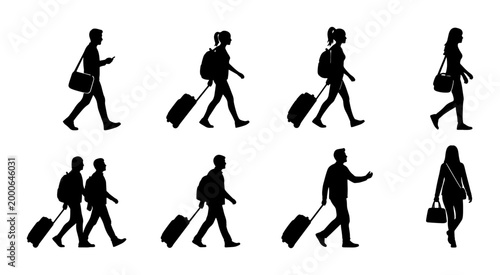 Fotografía Traveler silhouettes with luggage vector set, walking tourists with suitcases an