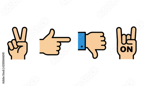 Hand Gesture Icons Peace Pointing Dislike and Rock Signs Illustration