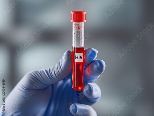 A hand in a glove holding a test tube filled with blood labeled 