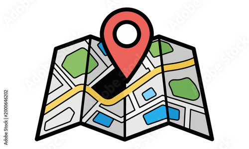 Folded map navigation icon with red location pin point vector