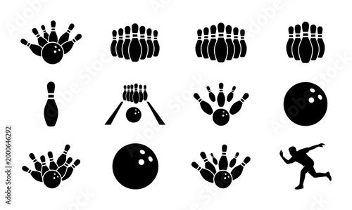 Schilderij op canvas Bowling icons set with 12 black vector silhouettes, bowling ball and pins strike