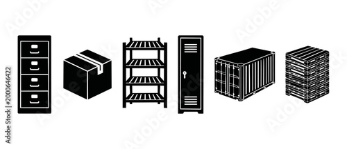 Logistics and Storage Icons Set: Filing Cabinet, Cardboard Box, Warehouse Shelving, Metal Locker, Shipping Container, and Wooden Pallets, Black Silhouettes on White Background for Supply Chain Design