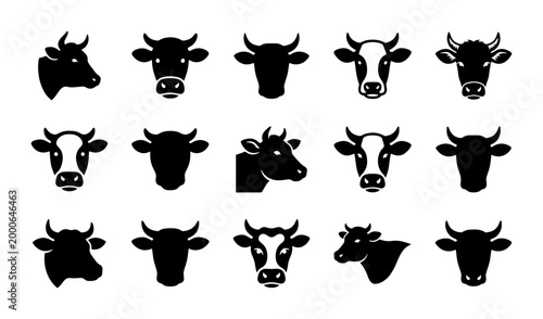 Schilderij op canvas Minimalist cow head icons set, 15 black bull and cattle vector silhouettes, farm